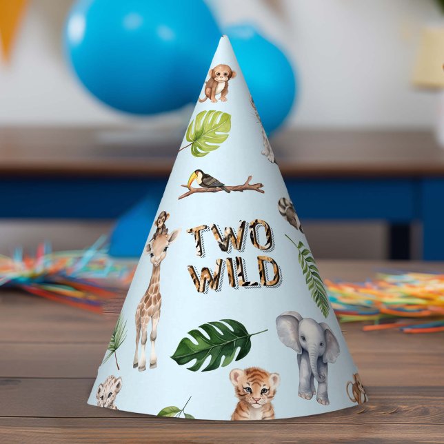 Chapeaux De Fètes Blue Two Wild 2e anniversaire animaux de la jungle (Two Wild, Blue Safari Themed Baby Boy 2nd birthday party hat.)