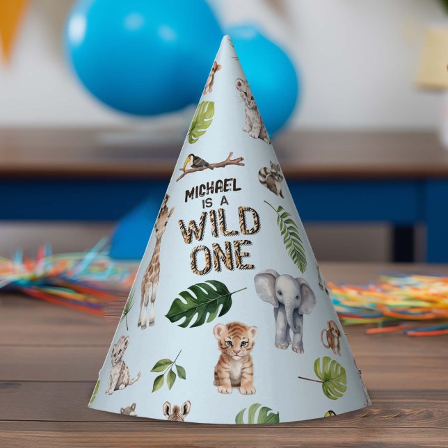 Chapeaux De Fètes Blue Wild One, Safari Theme Baby Boy 1er (Blue Wild One, Safari Themed Boy 1st birthday party hat.)