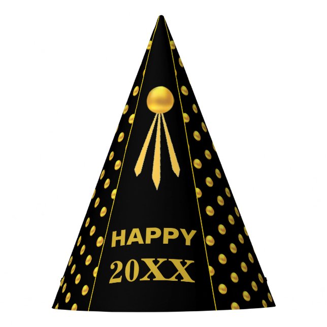 Chapeaux De Fètes Bonne année 20XX, points dorés sur fond noir (Devant)