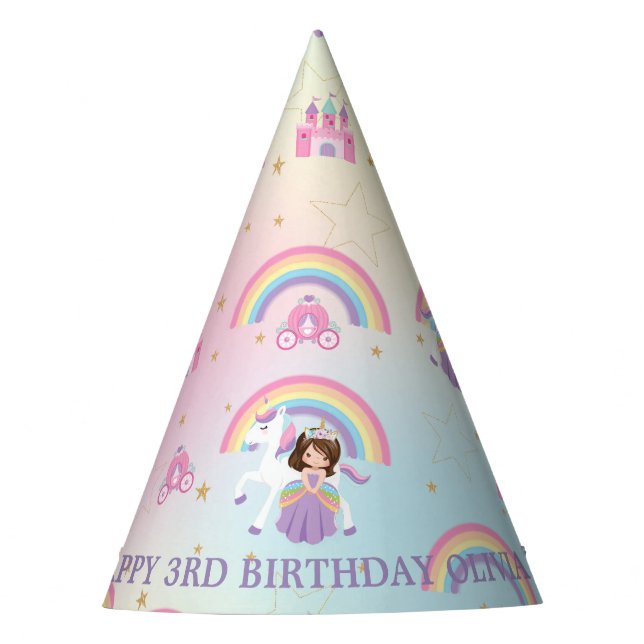 Chapeaux De Fètes Brunette Princess et Unicorn Rainbow Birthday (Devant)
