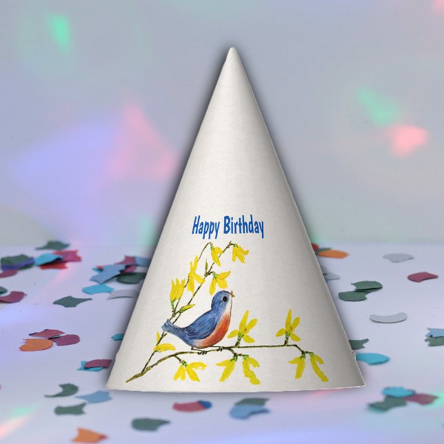 Chapeaux De Fètes Chanter Red Blue Bird sur Branche Fleurs d'anniver (Cute red blue bird on branch yellow spring flowers on Happy birthday paper party hat.)