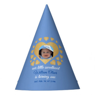 Chapeaux De Fètes Chérie 1er anniversaire Blue Boy Photo Gold Heart