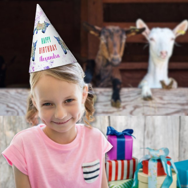 Chapeaux De Fètes Chèvre fête d'anniversaire personnalisée (Cute goat colorful farm animal art happy birthday custom name paper hat watercolor splash any age)
