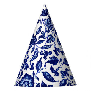 Chapeaux De Fètes Chinois bleu marine foncé motif floral sur blanc