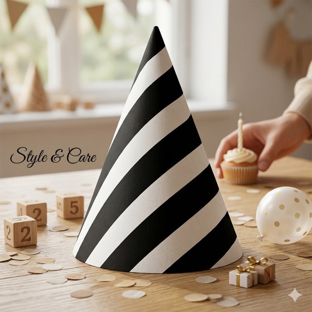 Chapeaux De Fètes Classic Solide Blanc et Noir rayé élégant (Classic Solid White and Black Striped Stylish Party Hat)