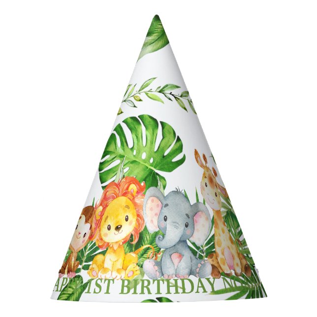 Chapeaux De Fètes Cute Jungle Animaux Safari 1er Anniversaire Verdur (Devant)