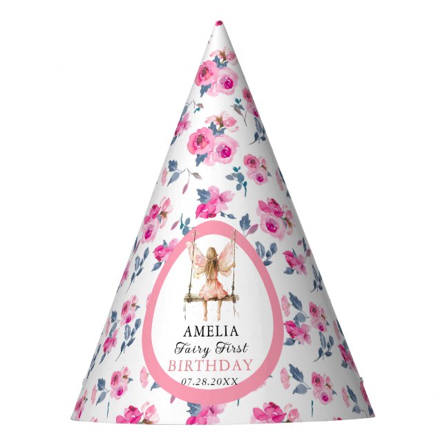 Chapeaux De Fètes Fée Première aquarelle Florale Filles 1er annivers (Devant)