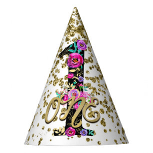 Chapeaux De Fètes Fête d'anniversaire Black Floral Gold Glitter UN 1