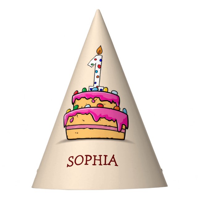 Chapeaux De Fètes Fille 1er anniversaire, 1 sur le gâteau rose doux (Devant)