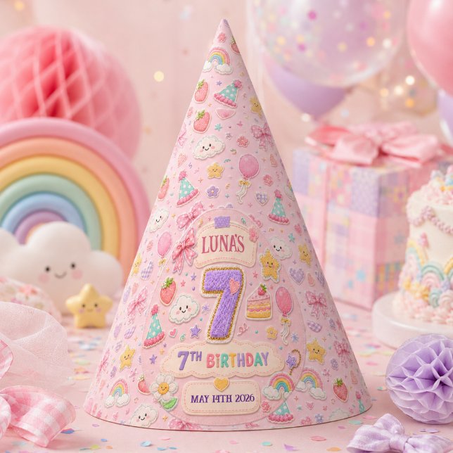 Chapeaux De Fètes Fille d'anniversaire 7 ans arc-en-ciel Patchwork P (Pastel Patchwork Rainbow 7th Birthday Party Girl Hat
)