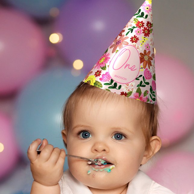 Chapeaux De Fètes Fleur rose mignonne un an Fille Anniversaire (Cute Pink Floral One Year Girl Birthday Party Hat)