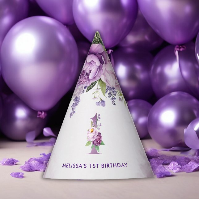 Chapeaux De Fètes Fleurs De Jardin Violet Et Rose 1er Anniversaire (Purple And Pink Garden Flowers 1st Birthday Party Hat)
