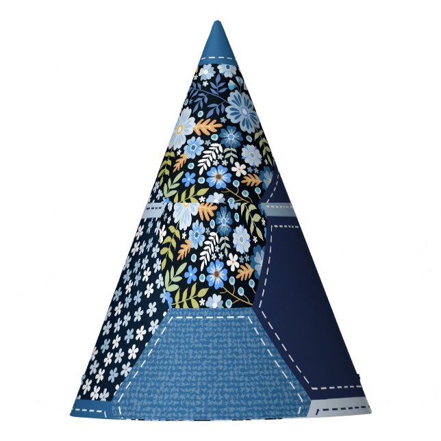 Chapeaux De Fètes Floral, patchwork de denim : motif bleu. (Devant)