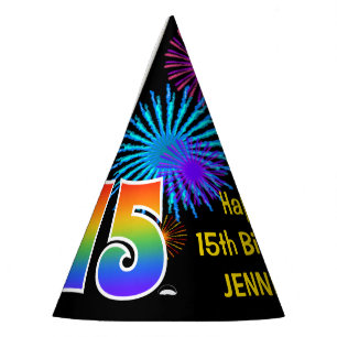 Chapeaux De Fètes Fun Fireworks + Rainbow Motif "15" Anniversaire #