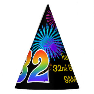Chapeaux De Fètes Fun Fireworks + Rainbow Motif "32" Anniversaire n