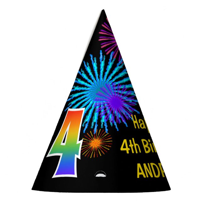 Chapeaux De Fètes Fun Fireworks + Rainbow Motif "4" Anniversaire # (Gauche)