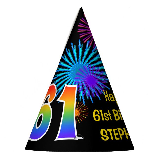 Chapeaux De Fètes Fun Fireworks + Rainbow Motif "61" Anniversaire # (Gauche)