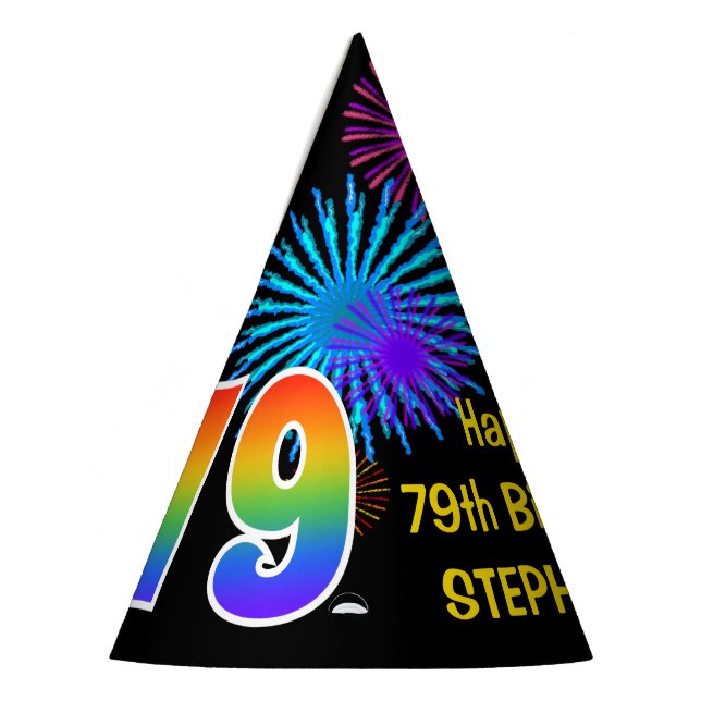 Chapeaux De Fètes Fun Fireworks + Rainbow Motif "79" Anniversaire # (Gauche)
