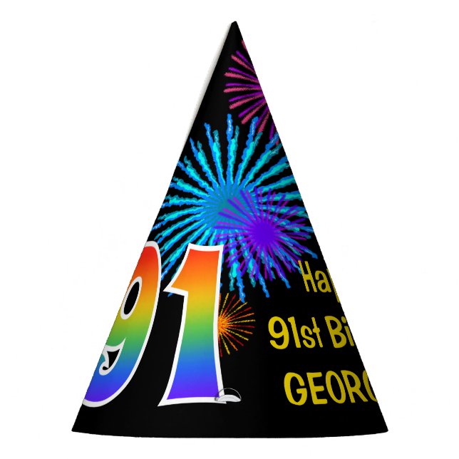 Chapeaux De Fètes Fun Fireworks + Rainbow Motif "91" Anniversaire # (Gauche)