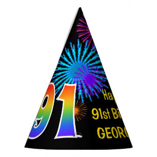 Chapeaux De Fètes Fun Fireworks + Rainbow Motif "91" Anniversaire n
