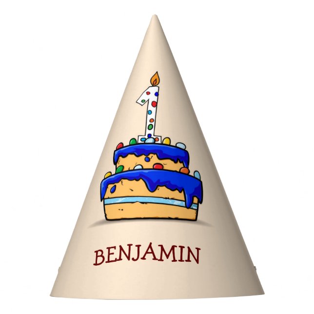 Chapeaux De Fètes Garçon 1er anniversaire, 1 sur le gâteau bleu doux (Devant)