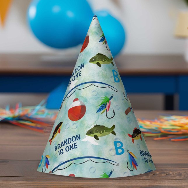 Chapeaux De Fètes Garçons 1er anniversaire o-poisson-ally pêche thèm (Fishing themed, boy 1st birthday party cone hat.)