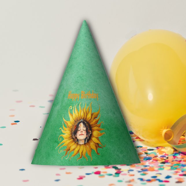 Chapeaux De Fètes Girls Face in Big Yellow Sunflower Birthday Green (Face of cute brown haired girl in center of big yellow sunglower on  Birthday green paper party hat.)