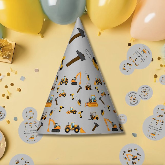 Chapeaux De Fètes Gray Construction Garçon Anniversaire Bilingue Par (Bilingual gray Party hat for boy, cosntruction themed supplies. Multilingual project)