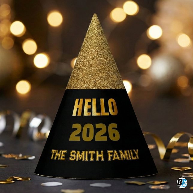 Chapeaux De Fètes Hello 2026 Black & Gold Glitter Custom Family Name (Hello 2026)