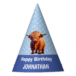 Chapeaux De Fètes Highland Cow heureux anniversaire Blue Party Casqu