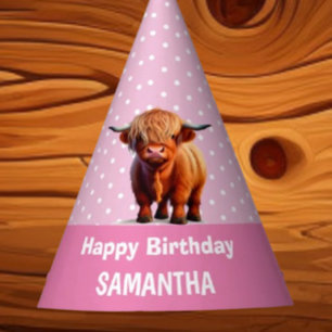 Chapeaux De Fètes Highland Cow Joyeux Casquette de fête rose anniver