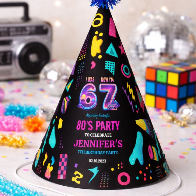 Chapeaux De Fètes J'avais 6 ans Maintenant j'ai 7 ans Rétro Néon 7e  (I Was 6 Now I’m 7 Retro Neon 7th Birthday for Kids hat)