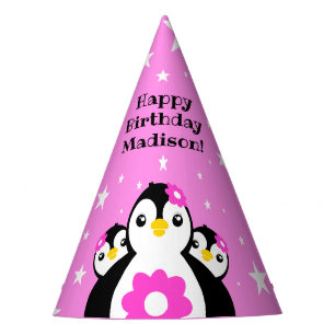 Chapeaux De Fètes Joli Anniversaire Pingouins Fleurs Roses