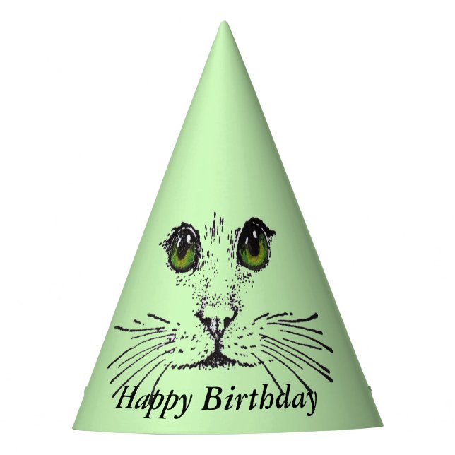 Chapeaux De Fètes Joyeux Anniversaire Chat Face Gros yeux verts (Devant)
