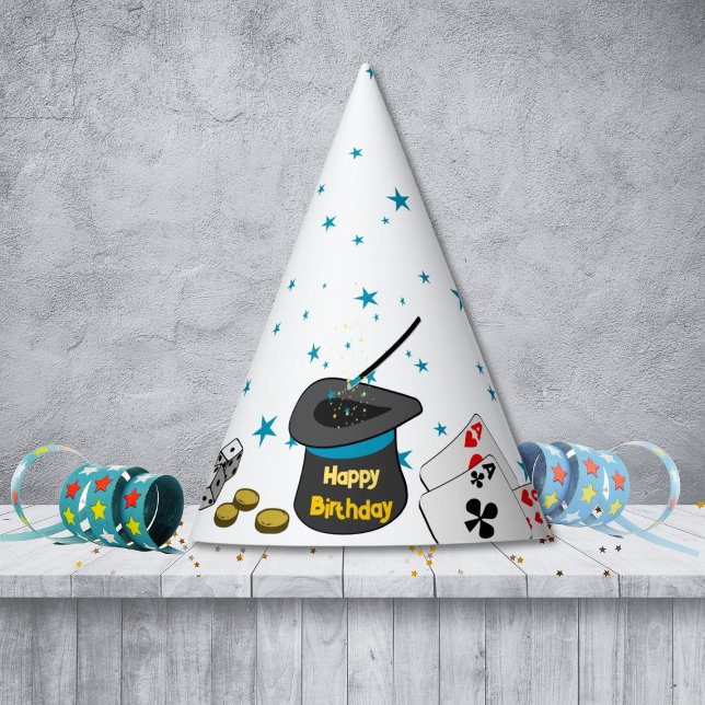 Chapeaux De Fètes Joyeux Anniversaire magique Montrer noir blanc ble (Happy Birthday Magic Show Black White Blue Kids Party Hat, Customize Text, Colors)