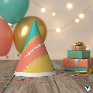 Chapeaux De Fètes Joyeux Anniversaire Moderne Corail Sarcelle Or Pai