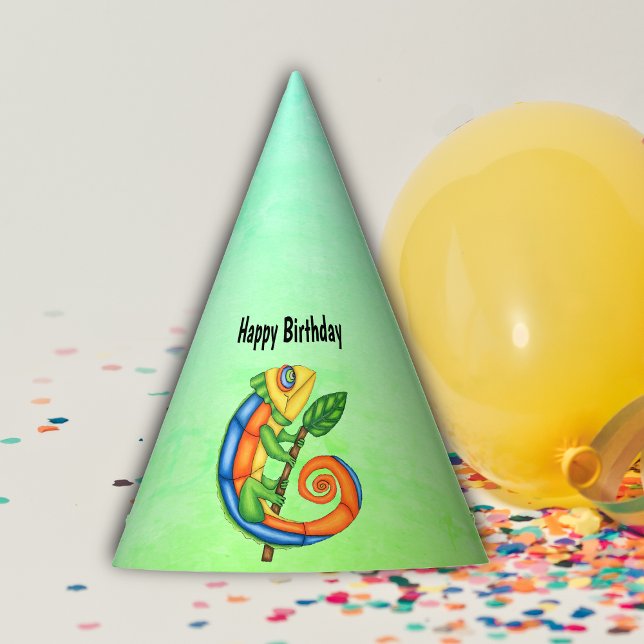 Chapeaux De Fètes Lizard de dessin d'anniversaire en couleurs vives  (Cartoon cute lizard bright colours with leaf on blue green mix paper kids birthday party hat.)