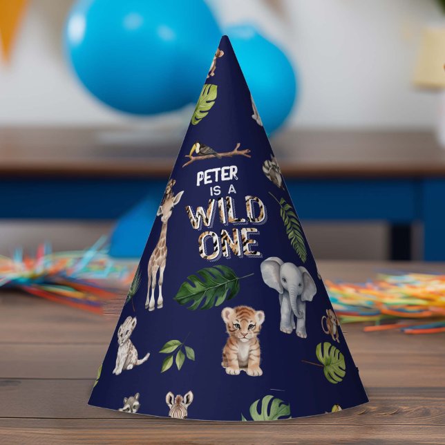 Chapeaux De Fètes Marine Blue Jungle Animaux sauvages Un 1er anniver (Navy Blue, WIld ONe Jungle animals boy 1st birthday party hat)