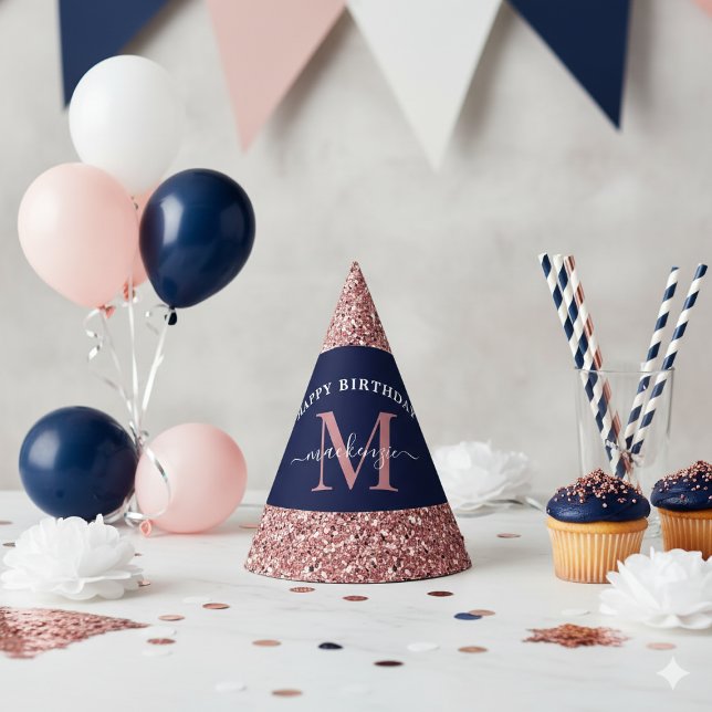 Chapeaux De Fètes Marine Blue Rose Gold Monogramme Anniversaire (Navy Blue Rose Gold Glitter Monogram Birthday Party Hat)