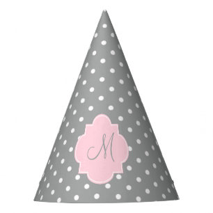 Chapeaux De Fètes Monogramme Gris, Blanc et Pastel Pink Polka Dot