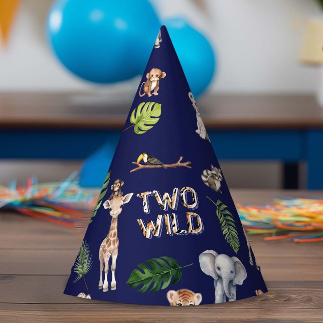 Chapeaux De Fètes Navy Blue Two Wild Safari Jungle 2ème anniversaire (Navy Blue,Two Wild Jungle Animals Themed Birthday Party Hat.)