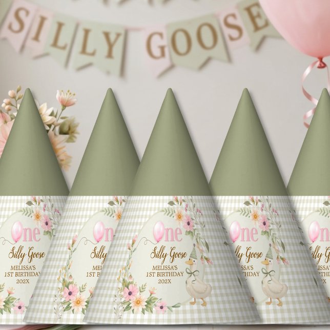 Chapeaux De Fètes One Silly Goose Gingham Floral Birthday Party Hat (Créateur téléchargé)