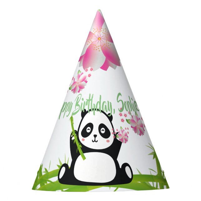 Chapeaux De Fètes Panda heureux avec bambou et fleurs de cerisiers (Devant)