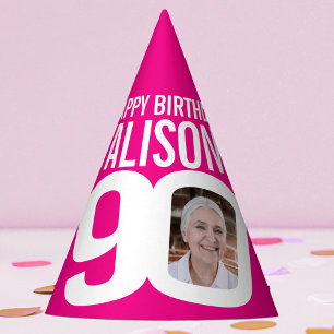 Chapeaux De Fètes photo de 90e anniversaire personnalisée blanc rose