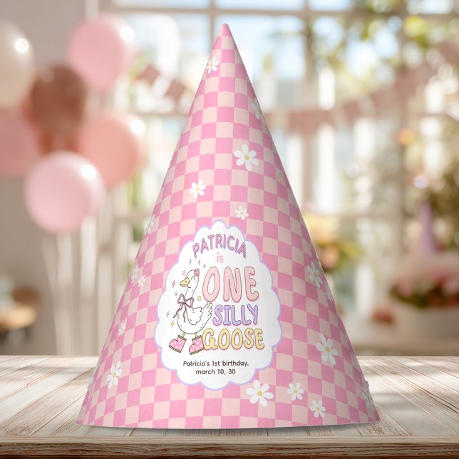 Chapeaux De Fètes Pink One Silly Goose-Retro Girl First Birthday (Pink One Silly Goose-Retro Girl First Birthday Party Hat. Spring Silly Goose Themed 1st Birthday Hat)