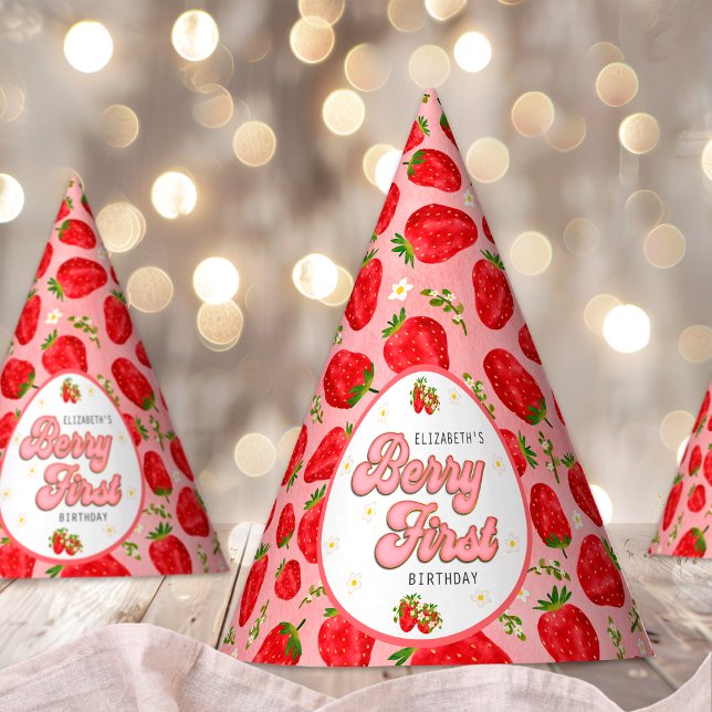 Chapeaux De Fètes PInk Red Strawberry First Birthday Berry First (Créateur téléchargé)