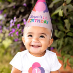 Chapeaux De Fètes Première fille d'anniversaire moderne violet rose<br><div class="desc">Le casquette de fête d'anniversaire en papier personnalisé présente des ballons ronds colorés dans un arrangement de bouquet et une couleur arrière - plan rose pâle. Personnalisez avec son prénom et son anniversaire année / numéro. Conçues pour l'anniversaire d'une fille, les couleurs sont vives, rose, violet, corail, vert et bleu....</div>
