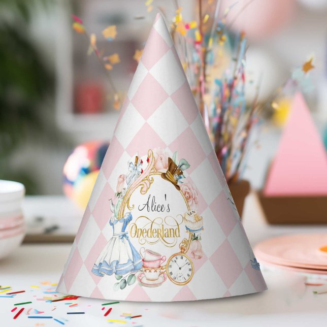 Chapeaux De Fètes Rose, 1er Anniversaire, Alice Onderland (Pink, Girl 1st birthday, alice onederland themed birthday cone party hat.)
