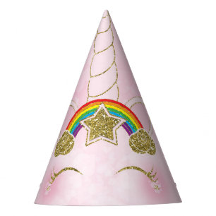Chapeaux De Fètes Rose & Or Rainbow Star Unicorn Horn Face