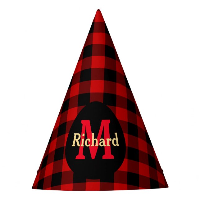 Chapeaux De Fètes Rouge et noir carreau monogramme et nom (Devant)
